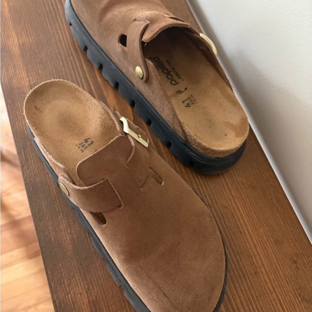 Papillio Brown Suede Clog Mules with Gold Buckle - Picture 3 of 5